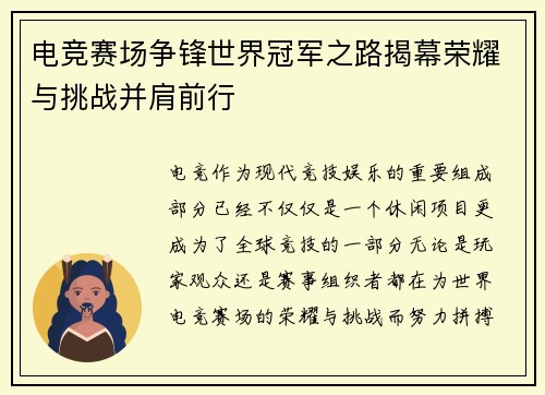 电竞赛场争锋世界冠军之路揭幕荣耀与挑战并肩前行